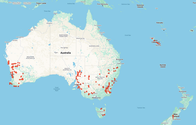 collecting aust locality map for 'Bayer, R.J.'