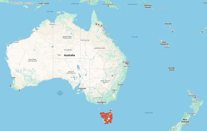 collecting locality map for 'Burns, R. and Burns, R.A.'