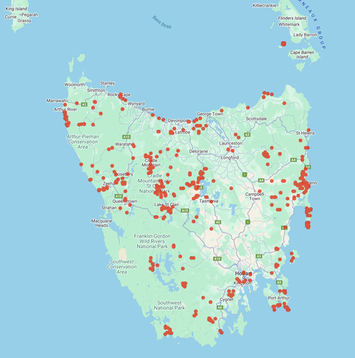 collecting Tasmanian locality map for 'Burns, R. and Burns, R.A.'