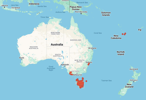 collecting locality Aust map for 'Gunn, R.C.'