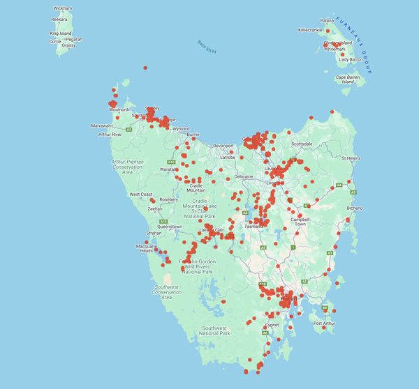collecting locality Tas map for 'Gunn, R.C.'
