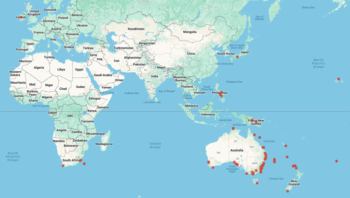 collecting locality world map for 'Millar, A.J.K.'