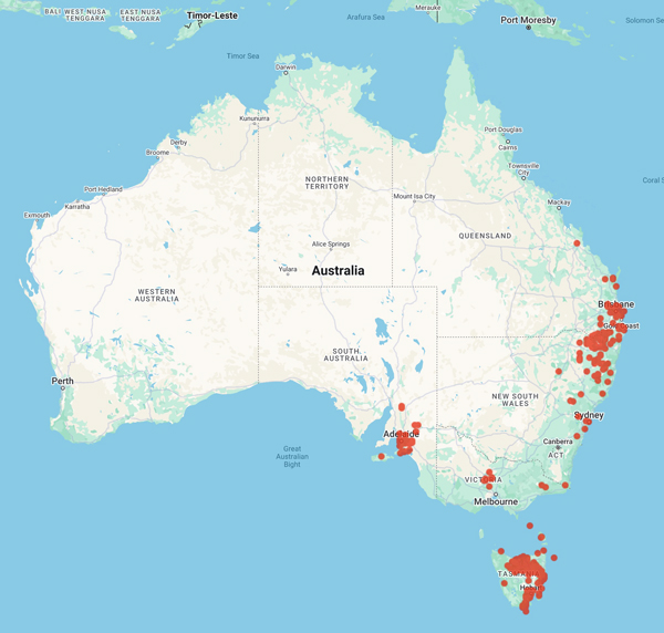 collecting locality map for 'Stuart, C. (filtered by dates)'