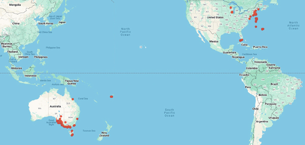 collecting world locality map for 'Woelkerling, W.J.'